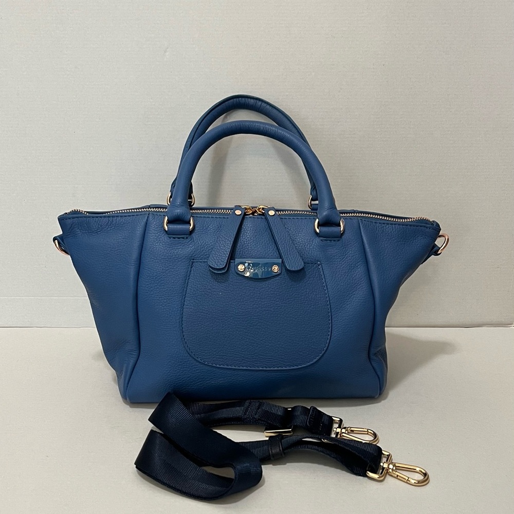 Repetto Paris Blue Pebbled Leather Top Handle Satchel Bag w/ Crossbody Strap